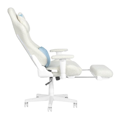 White ergonomic office chair with high backrest, blue lumbar support, armrests, and extendable leg rest shown in reclined position