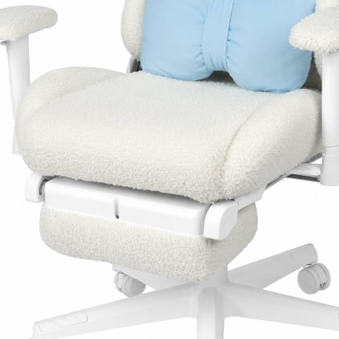 White ergonomic office chair with light blue lumbar support pillow and cream-colored cushioning on white base with wheels