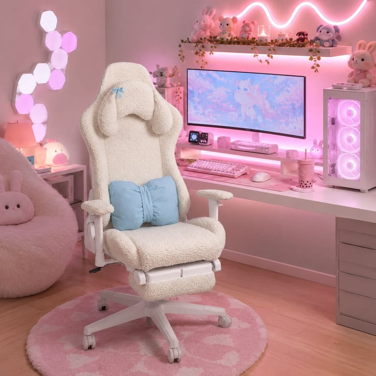 Cozy pink gaming setup with cream plush gaming chair, monitor, keyboard, neon lighting, and decorative plants