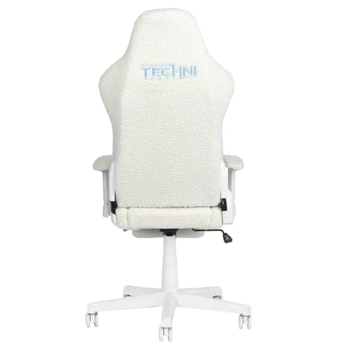 White gaming chair with Techni branding, high back design, armrests, and wheeled base